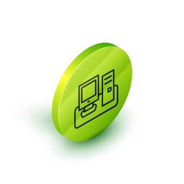 Beyaz arkaplanda klavye ve fare simgesi izole edilmiş Isometric çizgi bilgisayar monitörü. Bilgisayar bileşeni işareti. Yeşil daire düğmesi. Vektör.