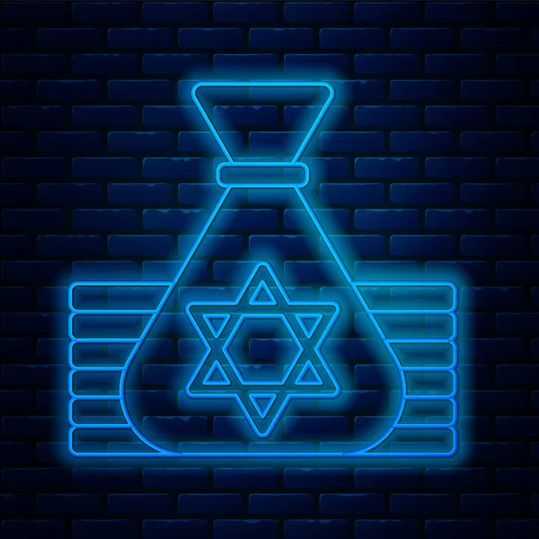 Lumineux Néon Ligne Sac Argent Juif Avec Étoile Icône David — Image vectorielle
