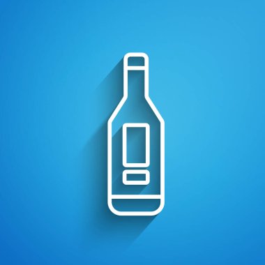 Tıbbi inceleme ikonu için beyaz çizgi tıbbi dijital termometre mavi arka planda izole edildi. Uzun gölge. Vektör