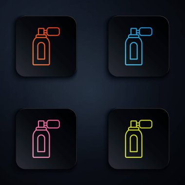 Siyah arka planda izole edilmiş atom ikonu olan renkli neon çizgili tıraş losyonu şişesi. Parfüm spreyi ikonu. Erkek parfüm şişesi. Kare düğmelere simgeleri yerleştir. Vektör