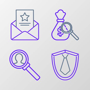 Sıra kravat, arama için büyüteç, para çantası ve büyütme ve tutuklama emri ikonu. Vektör