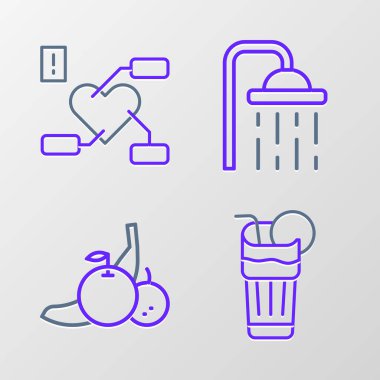 Taze meyve suyu, meyve suyu, duş başlığı ve kalp ikonuna dikkat. Vektör