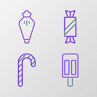 Dondurma, Noel şeker kamışı, şeker ve pasta poşeti ikonu. Vektör