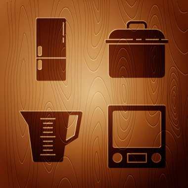 Elektronik teraziler, buzdolabı, ölçü kabı ve tencereyi ahşap zemine yerleştir. Vektör.