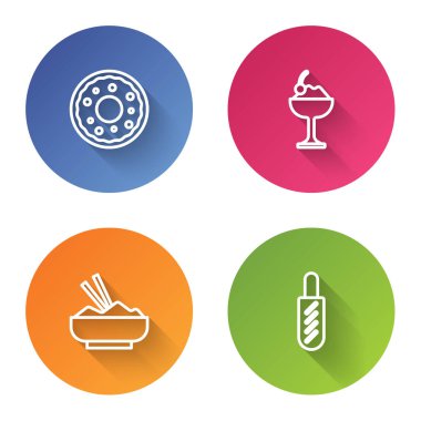 Donut, kasede dondurma, çubuklu pilav ve Hotdog sandviçi. Renkli daire düğmesi. Vektör