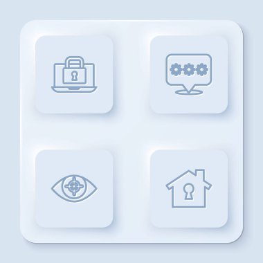 Dizüstü bilgisayarı ve kilidi, şifre korumasını, göz taramasını ve House 'u ayarlayın. Beyaz kare düğme. Vektör