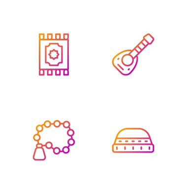 Dua için Müslüman şapkası, tespih dini, geleneksel halı ve Lavta. Renk simgeleri. Vektör