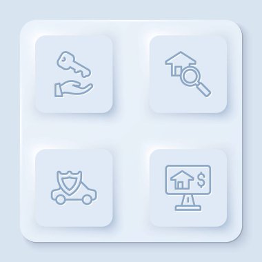 Ev anahtarını, arama evini, rozetli arabayı ve online gayrimenkulleri ayarla. Beyaz kare düğme. Vektör