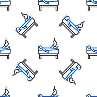 Kırık bacaklı çizgi hastası hastane ikonunda beyaz arka planda izole edilmiş. Hastanın hastaneye kaldırılması. Hasta adam yatakta. Renkli taslak konsepti. Vektör