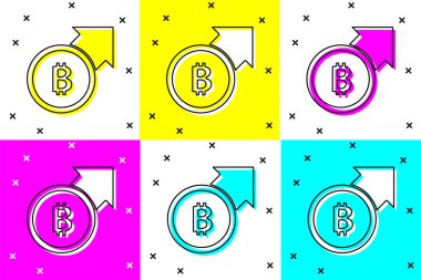 Finansal büyüme ve bitcoin para simgesini renk arkaplanına ayır. Gelirleri arttırıyorum. Vektör.