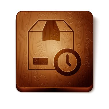 Kahverengi karton kutu ve hızlı teslimat ikonu beyaz arka planda izole edilmiş. Kutu, paket, paket işareti. Teslimat ve ambalaj. Tahta kare düğme. Vektör