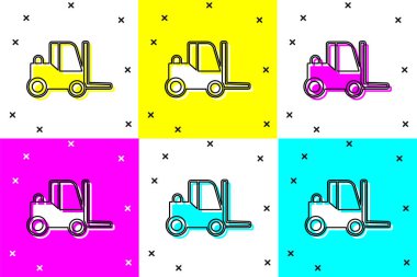 Forklift kamyon simgesini renk arkaplanına ayır. Çatal doldurucu ve karton kutu. Kargo teslimatı, nakliye, ulaşım. Vektör
