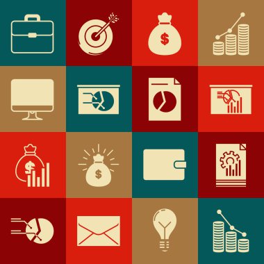 Pasta grafiği bilgisini ve sikkeyi, Dökümanı, Para Çantası, Bilgisayar monitörü ekranını, Evrak Çantası ve simgesini ayarla. Vektör