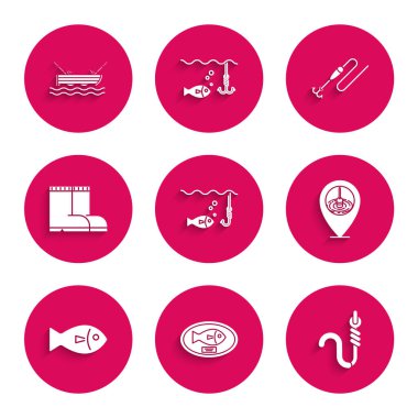 Suyun altına balık oltası, tahtada asılı bir kupa, ve solucan, konum balıkçılığı, botlar, yüzer halat ve tekne çubuğu ikonu koyun. Vektör