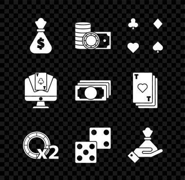 Para çantası, kumarhane fişleri ve yığınla para, oyun kartları, zar oyunları, el ele tutuşmalar, online poker masası oyunları ve kağıt ikonu. Vektör