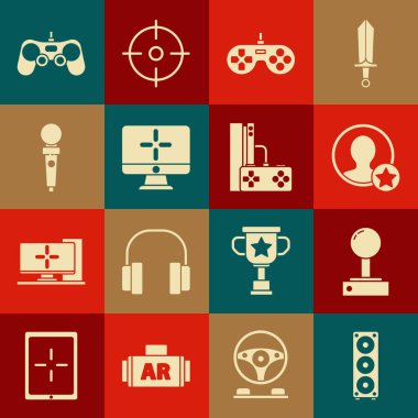 Oyun makinesi için Stereo hoparlörünü, Joystick 'i, Premium yaratma hesap ekranını, Gamepad' i, bilgisayar monitörünü ve joystick simgesiyle konsolu ayarla. Vektör
