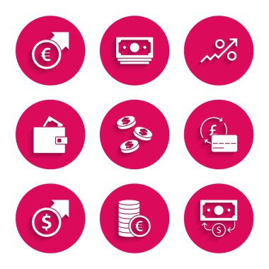 Dolar, avro sembolü, deste kağıt para, kredi kartı, mali büyüme ve Cüzdan, yüzde yukarı ok ve ikon ile madeni para koyun. Vektör