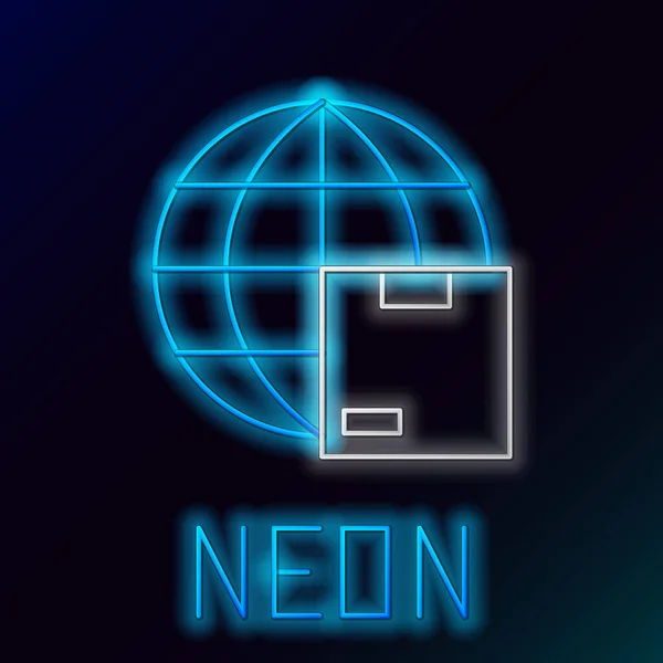Glowing Neon Line Worldwide Shipping Cardboard Box Icon Isolated Black — Stock Vector