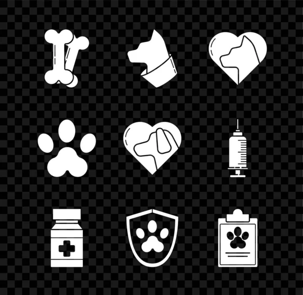 犬の骨 猫の心臓 薬のボトルと薬 動物の健康保険 クリップボード医療記録ペット パウ印刷と犬のアイコンを設定します ベクトル — ストックベクタ