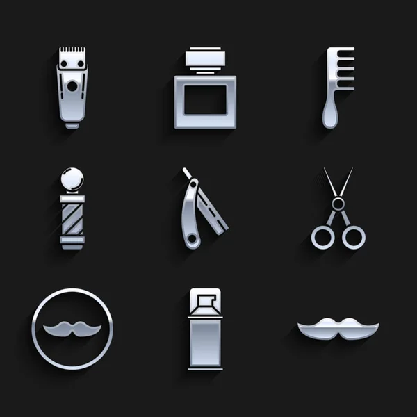 Set Straight Razor Shaving Gel Foam Mustache Scissors Hairdresser Classic — Stock Vector