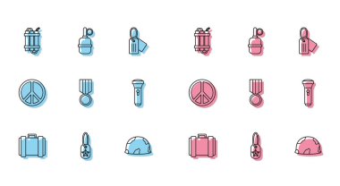 Askeri cephane kutusu, künye, dinamit bombası çubuğu, miğfer, ödül madalyası, el feneri, barış ve el bombası ikonu. Vektör