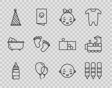 Çizgi, bebek şişesi, balmumu çizim kalemleri, mutlu küçük kız kafası, kurdeleli balonlar, parti şapkası, ayak izleri, erkek ve oyuncak tren ikonu. Vektör