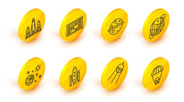 Satürn Gezegeni, Uydu, uzay mekiği ve roketler, gezegen, kapsül paraşütü, Venüs, Fütürist Hud arayüzü ve Roket fırlatmasını uzay simgesinden ayarlayın. Vektör