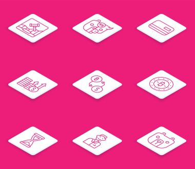 Online açık arttırma, borsa, kredi kartı, finansal büyüme doları, kripto para değişimi, Bitcoin, Old hourglass ve Trader ikonu. Vektör