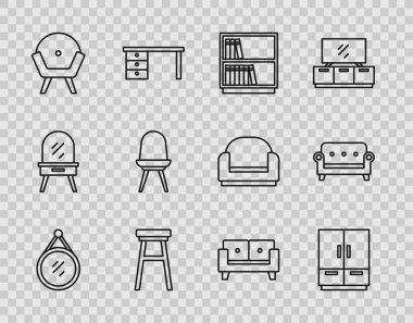 Ayna, Gardırop, Kütüphane kitaplığı, Sandalye, Koltuk ve ikon. Vektör