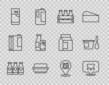 Süt şişesi, süt şişesi, ahşap kutuda şişe tereyağı, tereyağı tabağı, cam bardak, peynir ve yoğurt kaşığı ikonu. Vektör