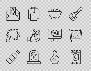 Bir şişe su, geleneksel halı, kasedeki meyveler, Müslüman mezarlığı, bağış yapın ya da sadaka verin, Wudhu, Temel yağ şişesi ve cam ikon ile. Vektör