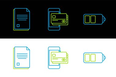 Batarya şarj seviyesi göstergesi, Dosya belgesi ve cep telefonu ve kredi kartı simgesini ayarla. Vektör