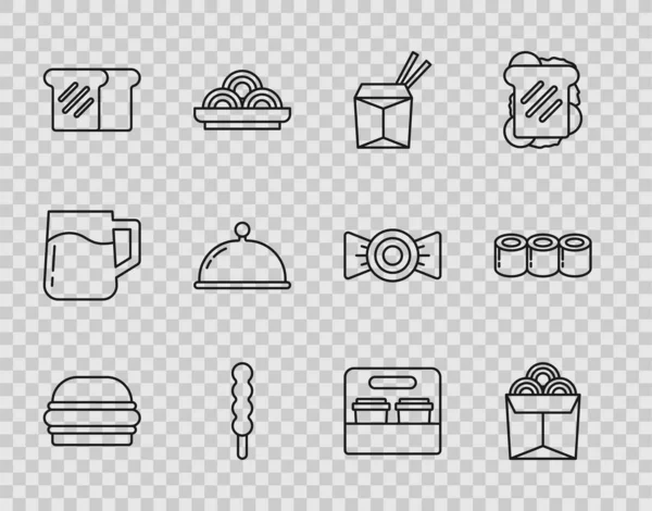 采购产品设置线汉堡 盒装面条 亚洲面条和筷子 棒棒糖 面包吐司 覆盖托盘 咖啡杯和寿司图标 — 图库矢量图片