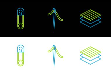 Tekstil kumaş rulo, klasik kapalı çelik güvenlik iğnesi ve iplik ikonu dikmek için iğne. Vektör