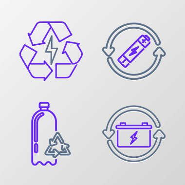 Bataryayı geri dönüşüm sembolüyle geri dönüşüm plastik şişe, çizgi ve simge ile ayarla. Vektör