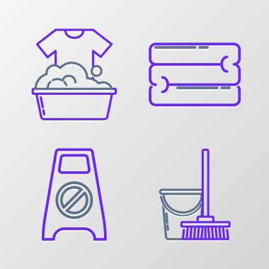 Sıralı paspas ve kova, ıslak zemin temizliği, havlu yığını ve sabun köpüğü ikonlu plastik leğen. Vektör