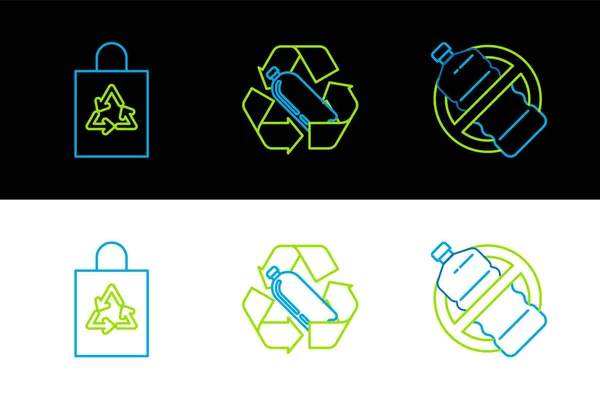 Definir Linha Nenhuma Garrafa Plástico Saco Plástico Com Reciclagem Ícone — Vetor de Stock