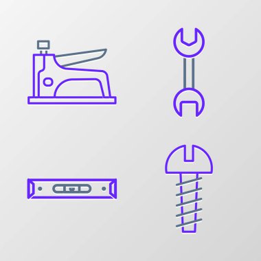 Metalik vida, inşaat balonu seviyesi, İngiliz anahtarı ve zımba simgesi ayarlayın. Vektör