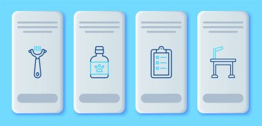 Set hattı köpek ilacı şişesi, Bakım salonu fiyat listesi köpek ve kedi için saç fırçası ve evcil hayvan bakım masası ikonu. Vektör