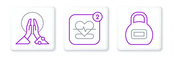 Set Line Kettlebell Meditation Mobile Heart Rate Icon Vector — Stock Vector