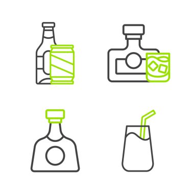 Kokteyl, tekila şişesi, viski ve bardak ve bira kutusu ikonu. Vektör