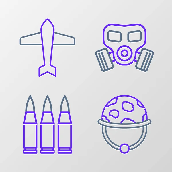 Set Line Military Helmet Bullet Gas Mask Jet Fighter Icon — Stock Vector
