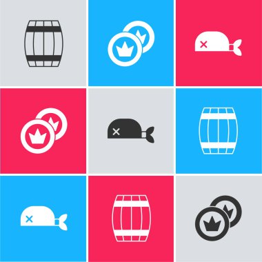 Tahta fıçı, korsan madeni para ve bandanayı kafa simgesi olarak ayarla. Vektör