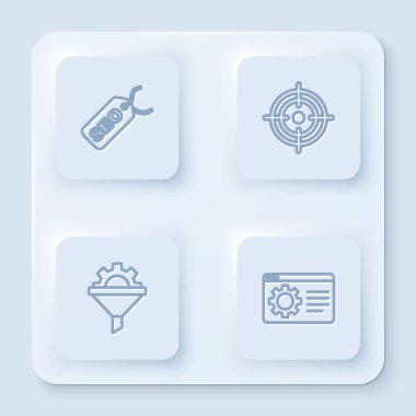 SEO optimizasyonu, Hedef, Teçhizatlı satış hunisi ve tarayıcı ayarlarını ayarla. Beyaz kare düğme. Vektör