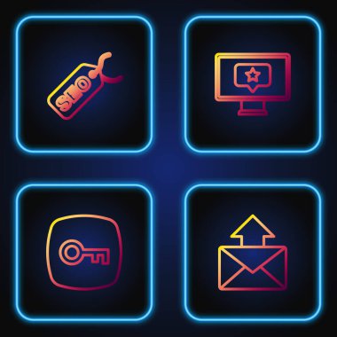 Satır satırını ayarla Posta ve e-posta, Anahtar, SEO optimizasyonu ve yıldız ile izleyici. Renk simgeleri. Vektör