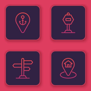 Hattı çapa ile belirleyin, trafik işareti, dur ve ev. Mavi kare düğme. Vektör