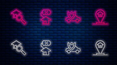 Ev hattını percant, araç kalkanı, arama evi ve konumu ile ayarla. Tuğla duvarda parlayan neon simgesi. Vektör