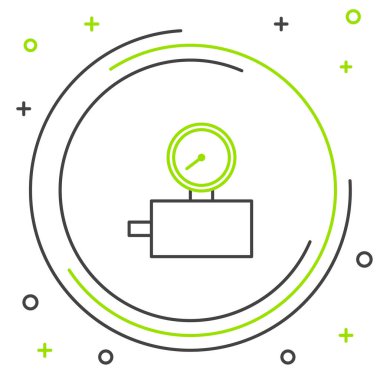 Çizgi Ölçek simgesi beyaz arkaplanda izole edildi. Memnuniyet, sıcaklık, manometre, risk, değerlendirme, performans, hız taktik ölçer. Renkli taslak konsepti. Vektör.