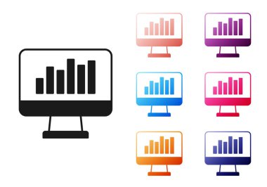 Grafik çizelgesi simgesi beyaz arkaplanda izole edilmiş siyah bilgisayar monitörü. Metin dosya simgesini rapor et. Muhasebe tabelası. Denetim, analiz, planlama. Simgeleri renklendirin. Vektör.