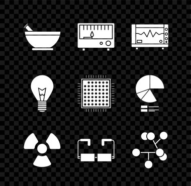 Havan ve tokmak elektrikli ölçüm aletleri bilgisayar monitörünü kardiyogram Radyoaktif Gözlük Molekül Molekül Ampul Fikir ve İşlemci simgesi konseptiyle ayarla. Vektör.